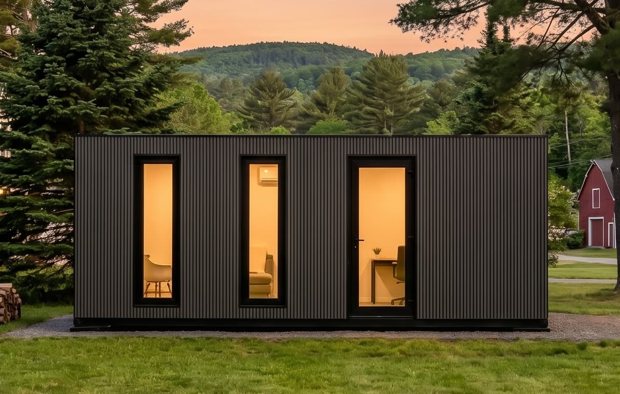 Modern black backyard studio in a semi-urban Maine yard by Place Buildings
